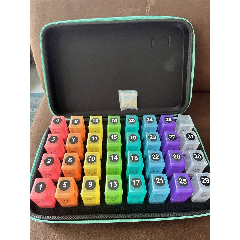 31 Day Pill Organizer Day And Night Black & Turq. Zip Around Case Handle